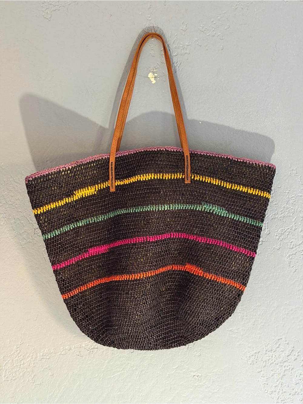 NWT Mar y Sol Handmade Woven Straw Tote Bag Multi-Color Stripe Leather Straps - Picture 3 of 8